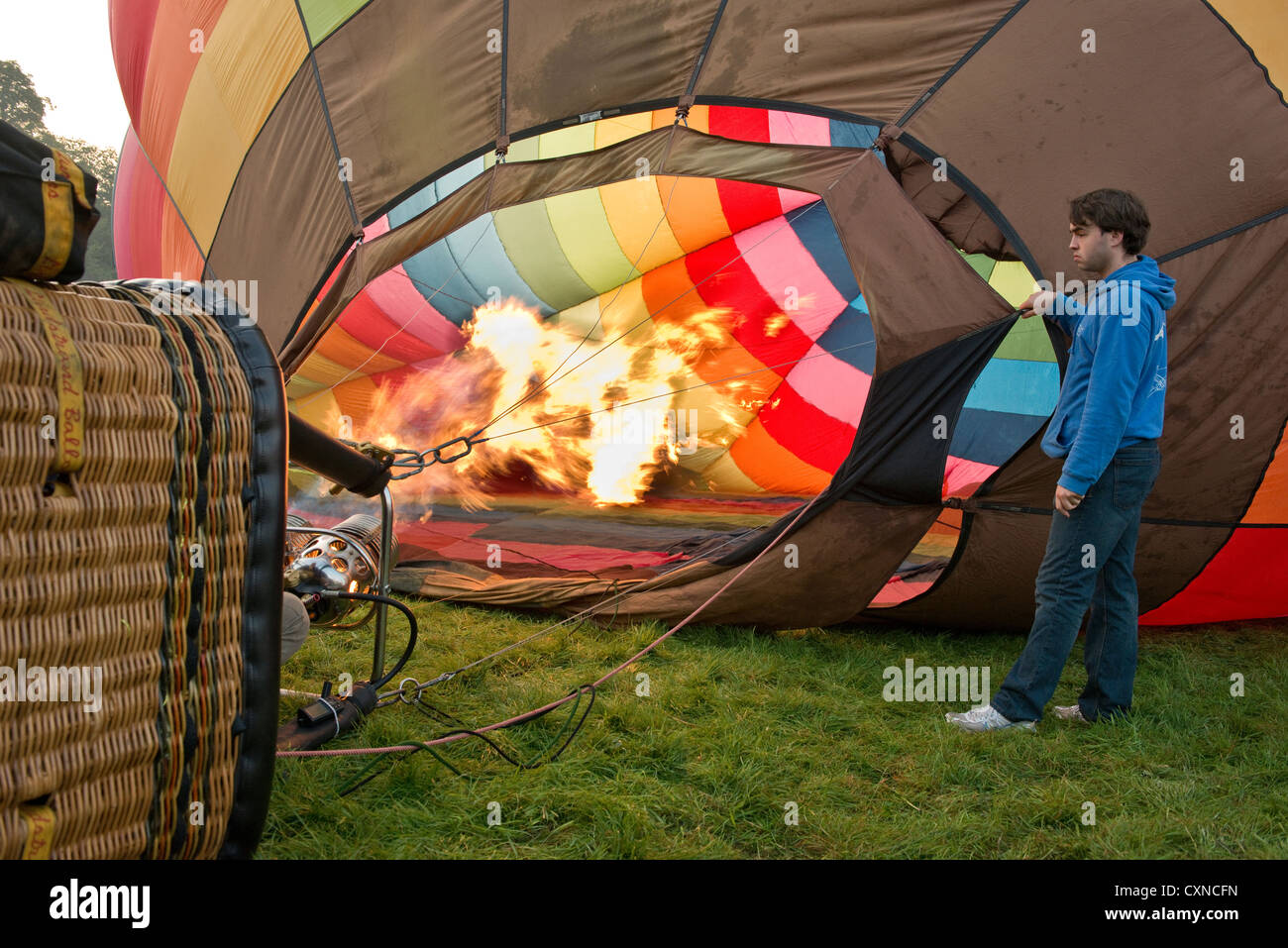 Inflating a hot air balloon. Bristol International Balloon Fiesta Stock Photo