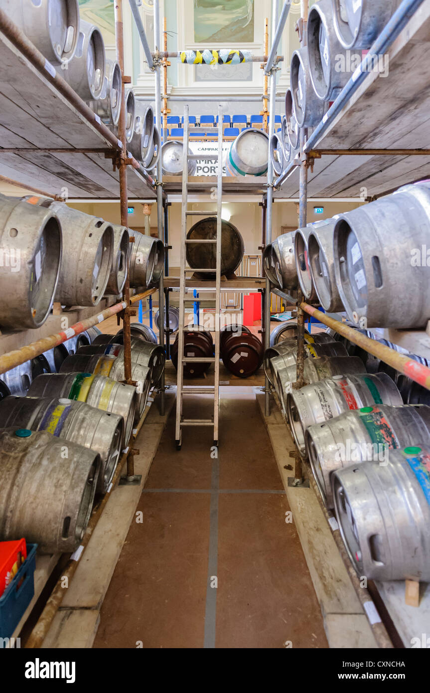 Rows of beer barrels at a CAMRA (Campaign for Real Ale) beer and cider festival Stock Photo