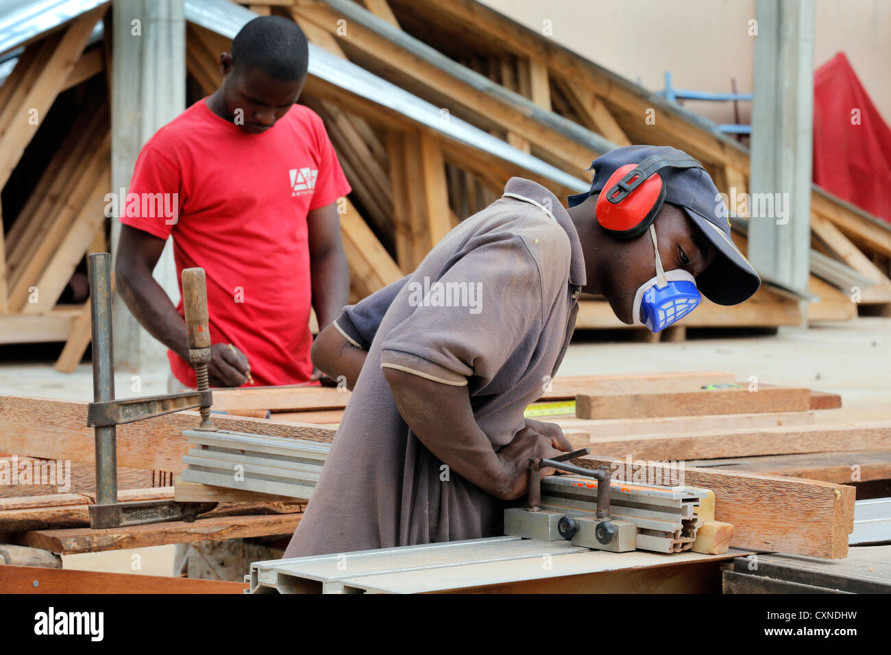 student at a carpenter's workshop, Machui Vocational Center in Machui, Zanzibar, Tanzania Stock Photo