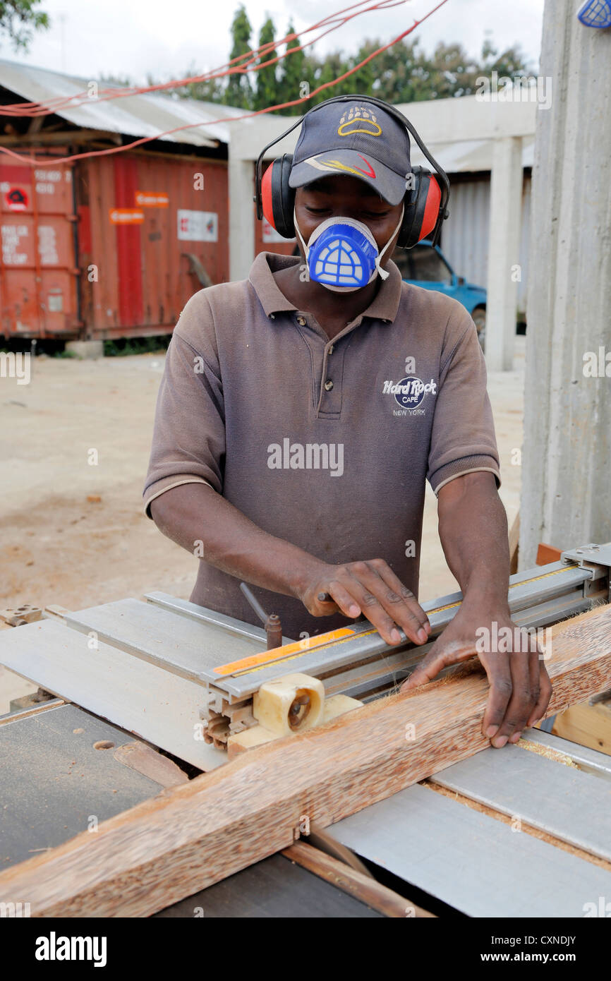 student at a carpenter's workshop, Machui Vocational Center in Machui, Zanzibar, Tanzania Stock Photo