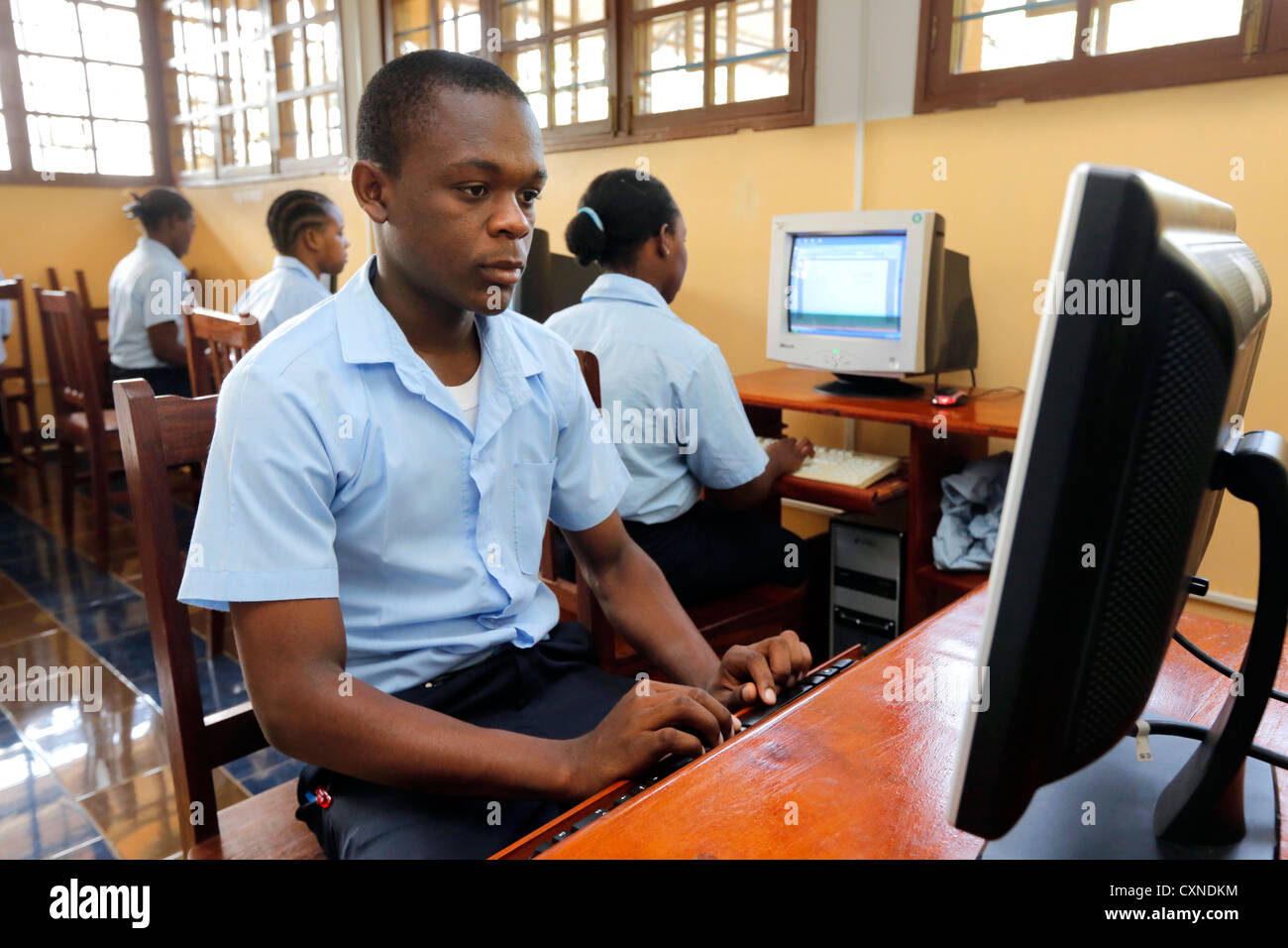 students during computer lesson in the Machui Vocational Center, Machui, Zanzibar, Tanzania Stock Photo