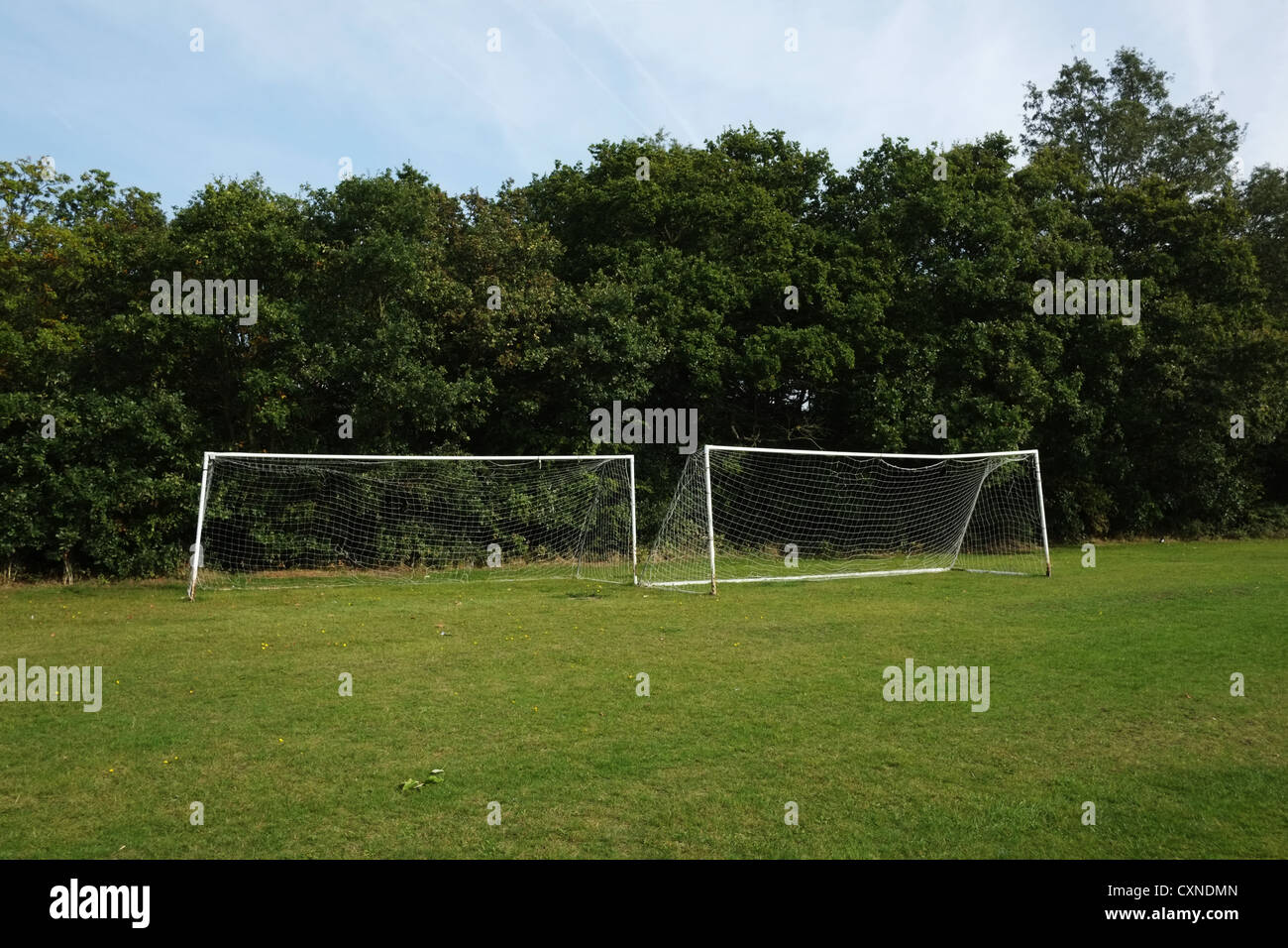 Two football goals in a park with green trees Stock Photo Alamy