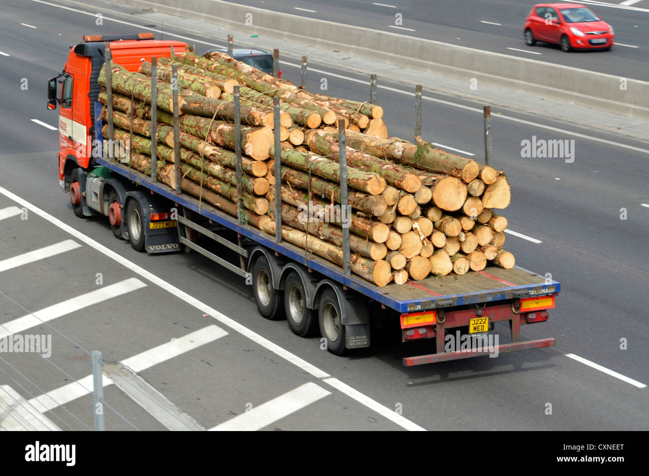 Side & back view of haulage business hgv lorry truck with articulated flat bed trailer load of cut lengths of tree trunk timber logs on UK motorway Stock Photo