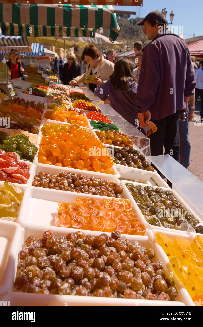 Europe France Nice colorful candied fruit in the famous Marché aux Fleurs Cours Saleya Stock
