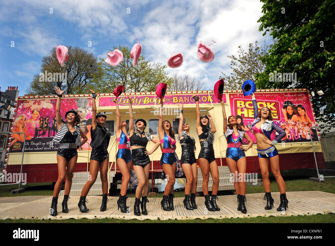 The Ladyboys of Bangkok arrive in Brighton to take part in Brighton Festival 2012 Stock Photo