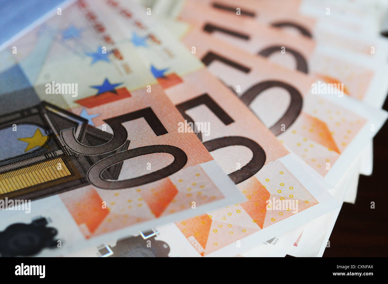 Close-up of fifty Euro banknotes Stock Photo
