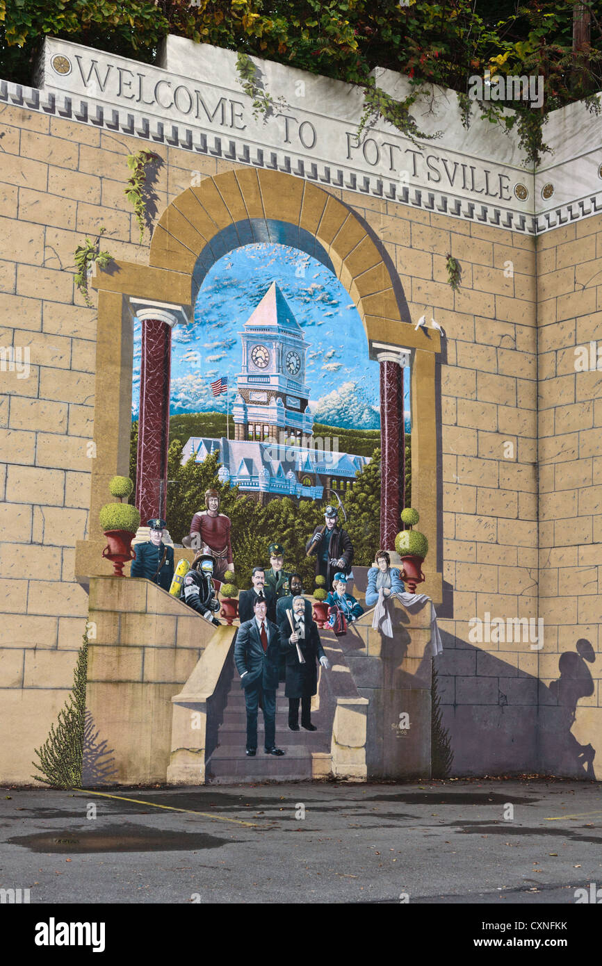 A wall mural in Pottsville, PA, celebrates its history, diversity and culture, including mining, football and the arts Stock Photo