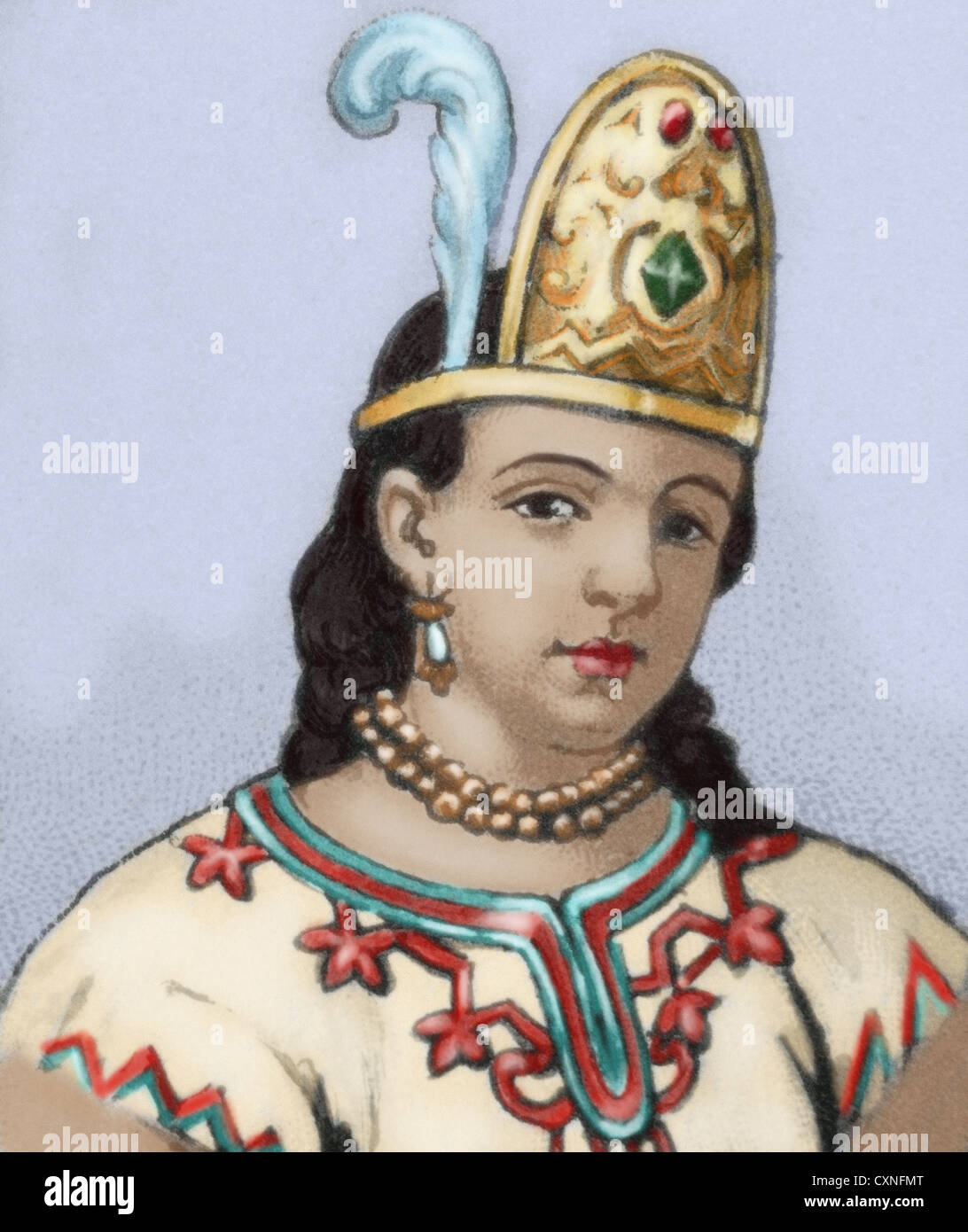 Malinche (c.1496-1529). Nahua woman. Interpreter of the spanish conqueror Hernan Cortes. Mexican engraving, 1885. Colored. Stock Photo