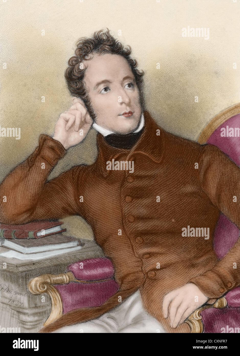 Lamartine, Alphonse de (1790-1869). French romantic writer and politician. Colored engraving. Stock Photo