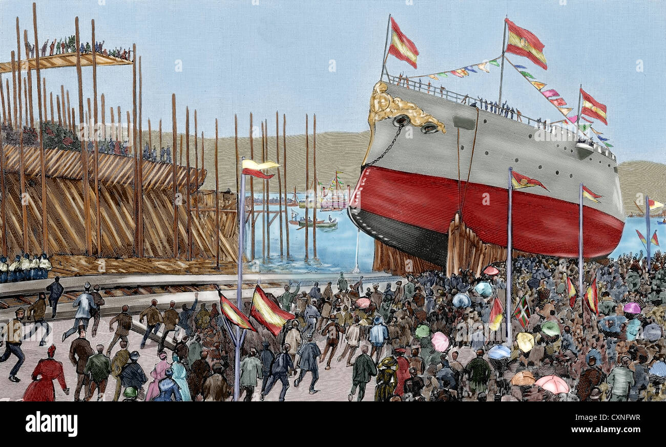 Spain. Bilbao. Launch of the cruiser Infanta Maria Teresa. Colored engraving of 'The Spanish and American Illustration', 1890. Stock Photo