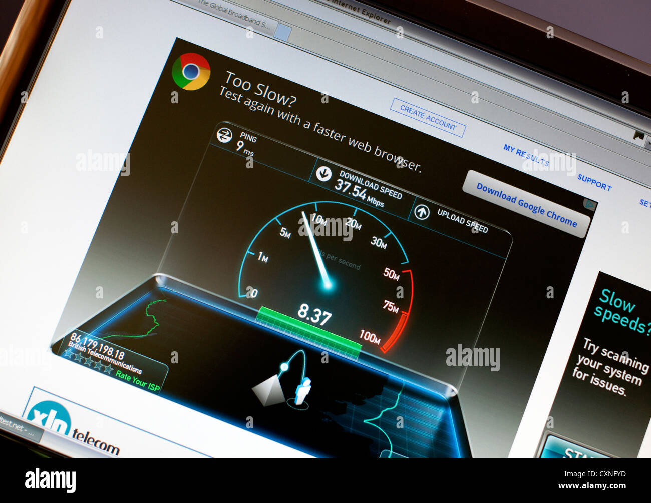 Upload speed of 8.37Mbps using BT Infinity Fibre Optic broadband service, London Stock Photo