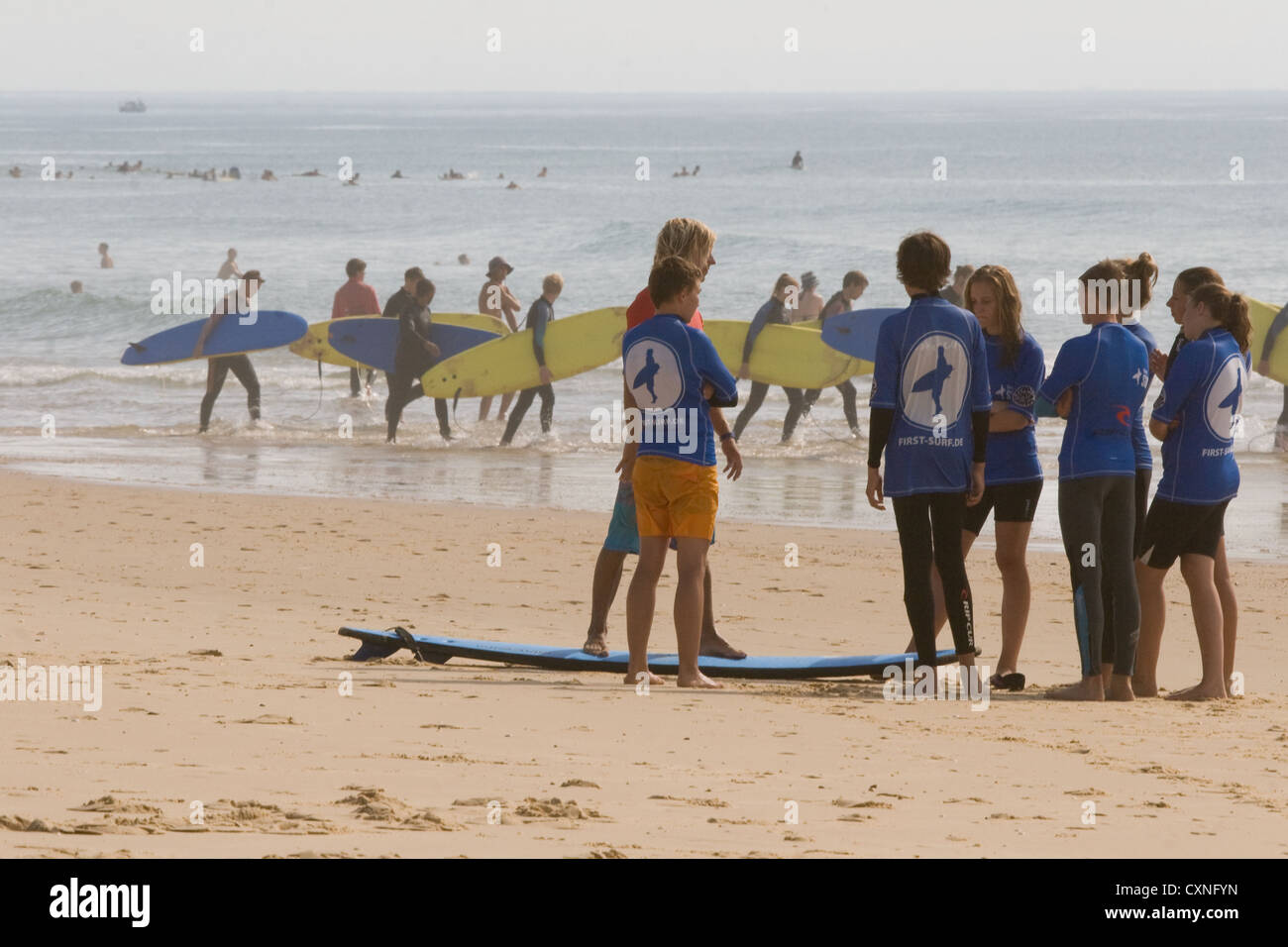 Surf school tuition on the beach St Girons Plage, Aquitane, France