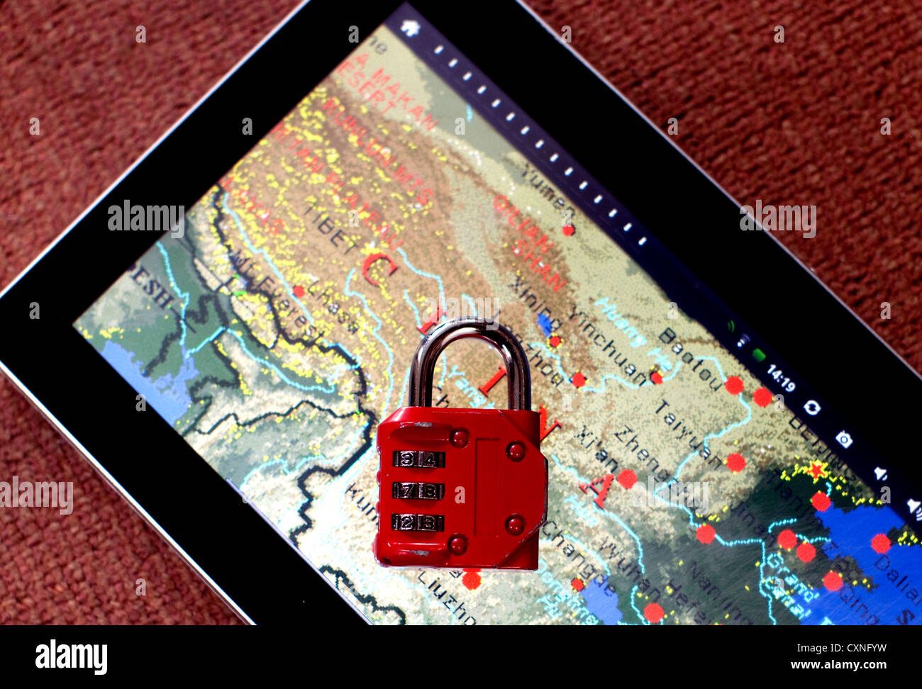 "Great Firewall of China" represented on a tablet device, London Stock Photo