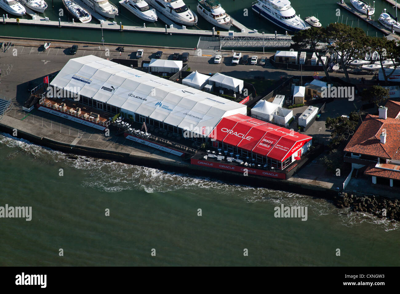 aerial photograph Americas Cup sailboat regatta San Francisco bay California Stock Photo