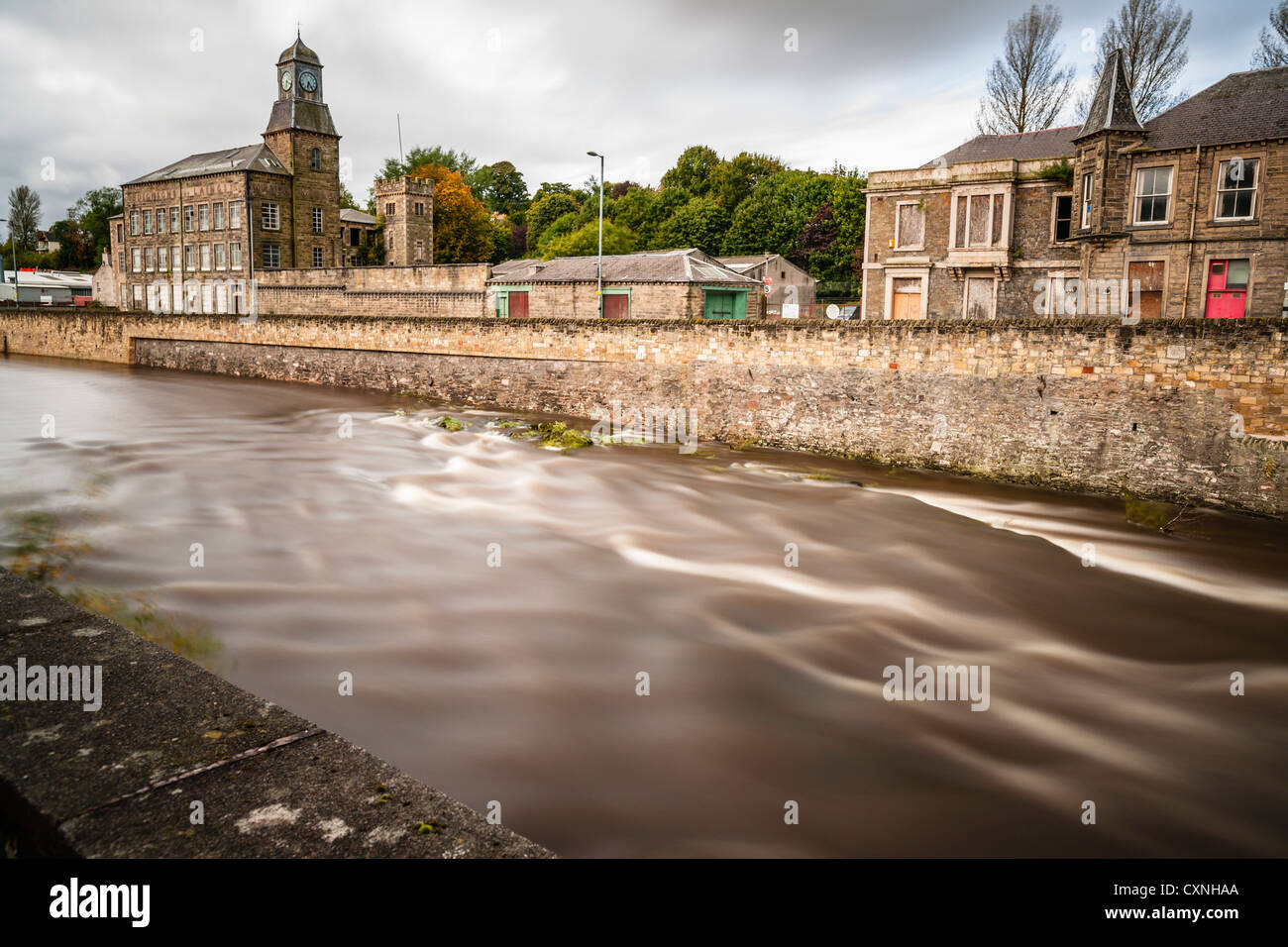 The River Teviot at Hawick in the Scottish Borders. With the old Wilton