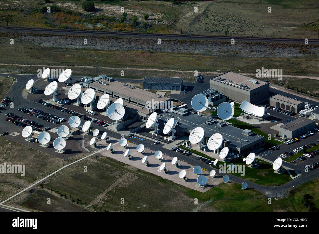 aerial photograph antenna satellite dish farm Cheyenne, Wyoming Stock Photo