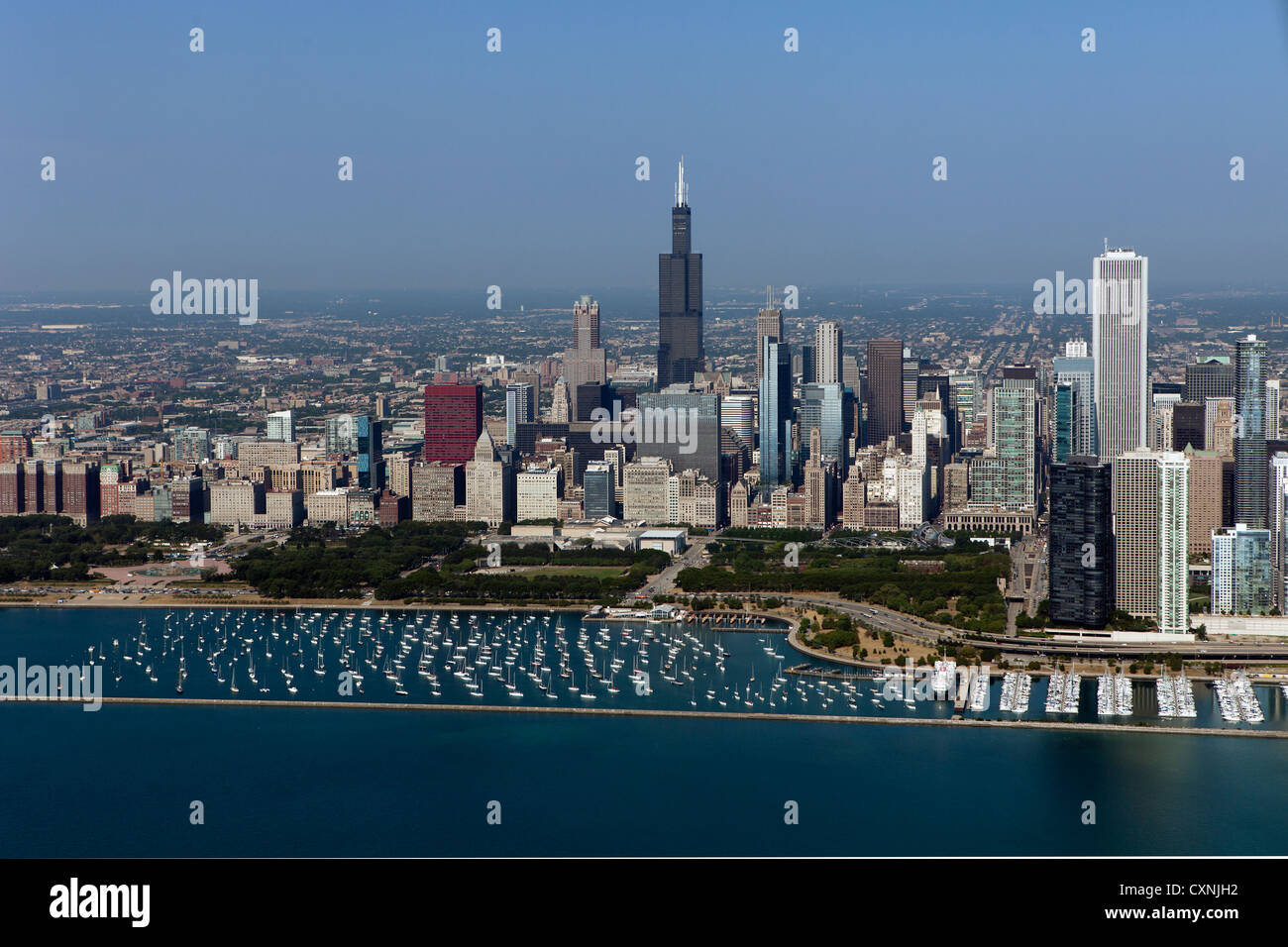 aerial photograph Willis Tower, Millenium Park, marina Chicago, Illinois Stock Photo