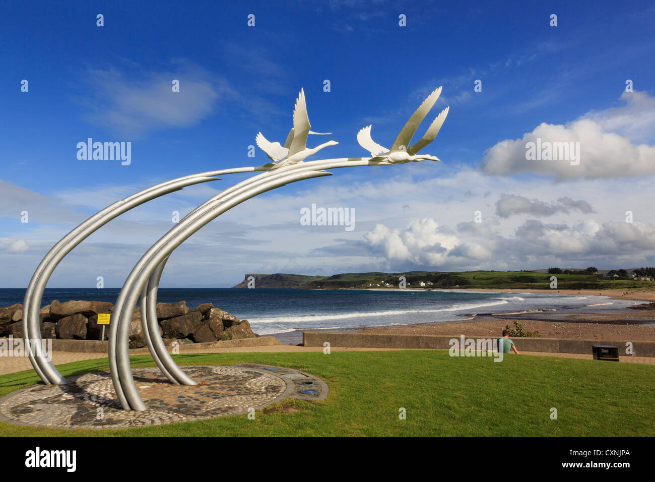 Four Swans sculpture from the Children of Lir legend on seafront promenade in Ballycastle, County Antrim, Northern Ireland, UK Stock Photo