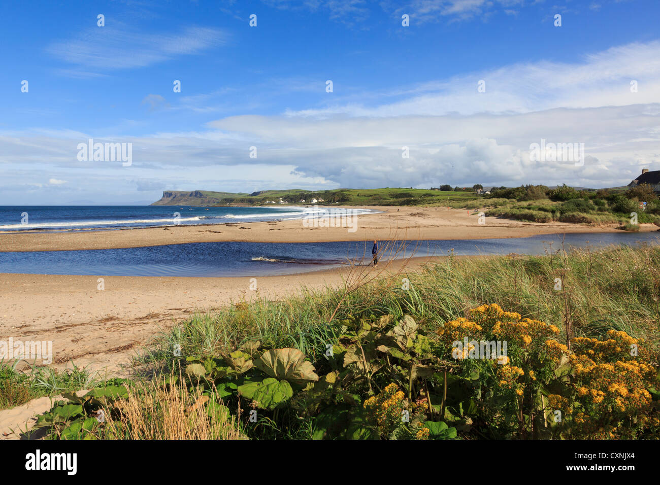 View across bay and sandy beach to Fair Head or Benmore headland on northeast coast. Ballycastle Co Antrim Northern Ireland UK Stock Photo