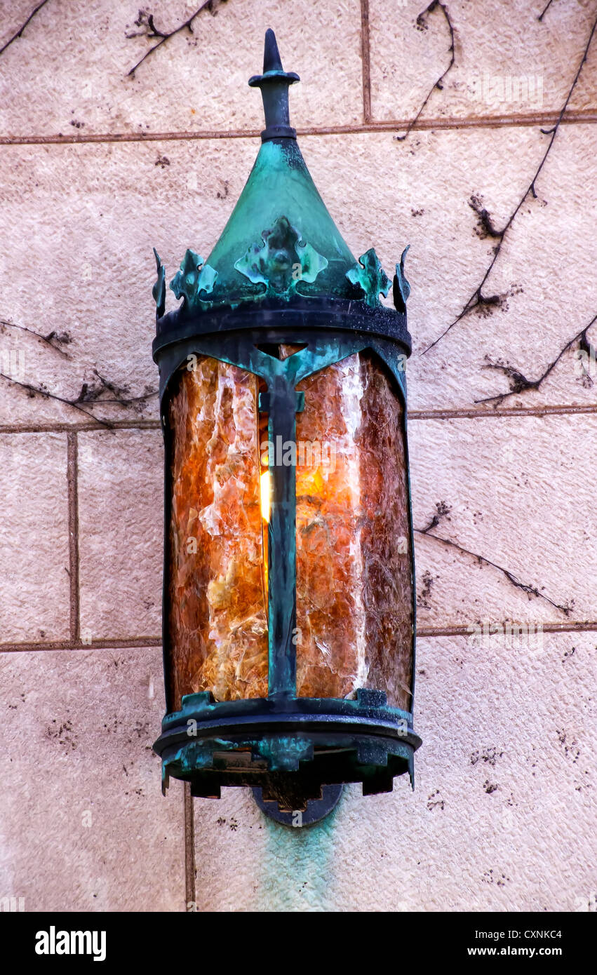 Yale University Doorway, Old Metal Lamp, New Haven Connecticut Stock Photo