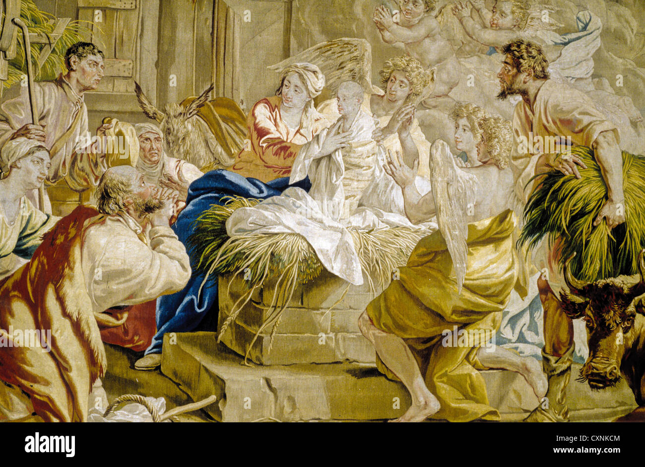 Tapestry depicting the Nativity scene in Bruges, Belgium Stock Photo