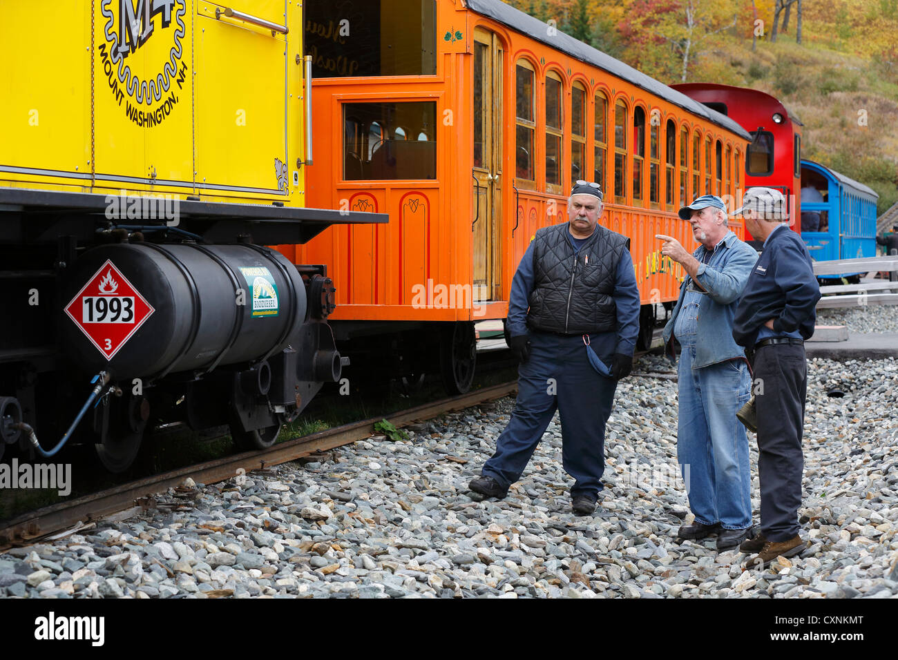 Train crew on the Mt. Washington cog railway, New Hampshire, USA Stock Photo