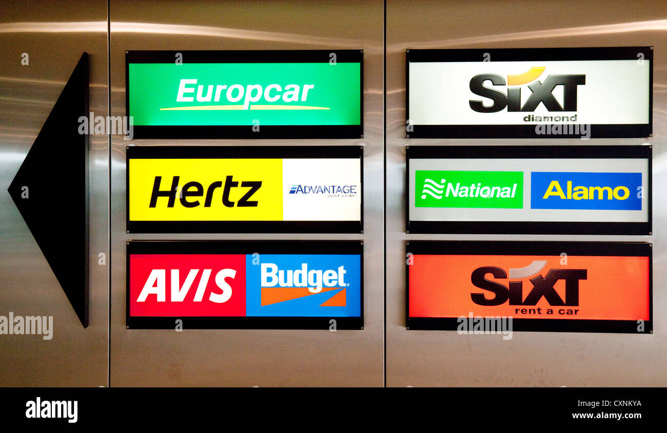 Signs for car hire rental firms, Zurich Airport, Switzerland europe ...