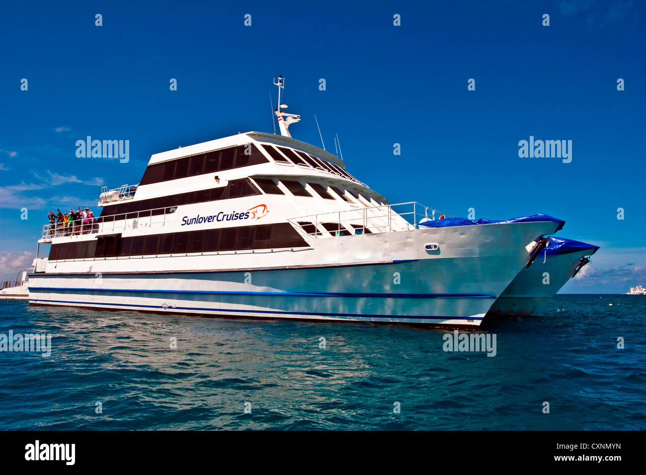 View of a tourist catamaran boat at the Great Barrier Reef, Queensland, Australia Stock Photo
