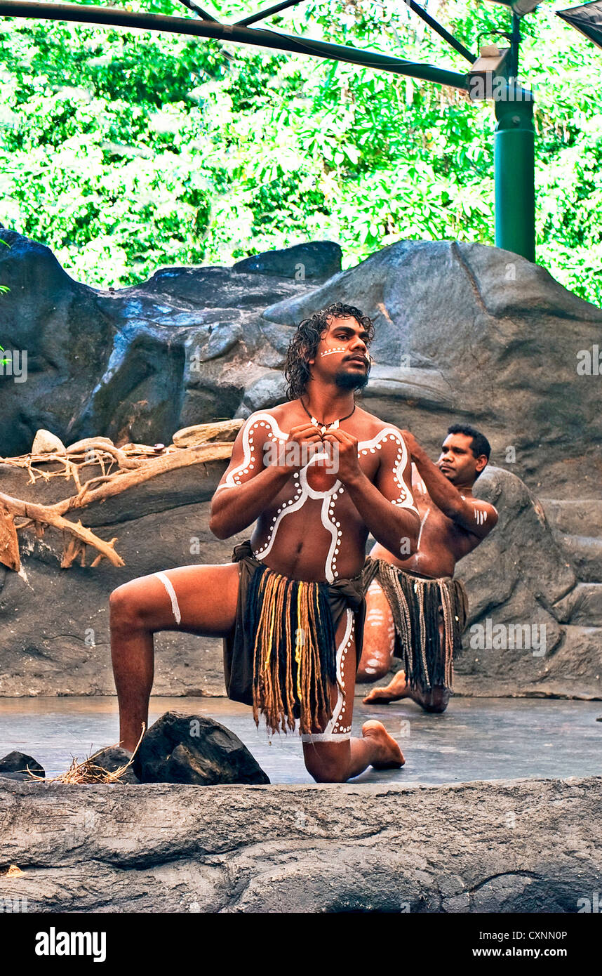 Cairns, Australia, Aborigine men performing on stage at Tjapukai Aboriginal Cultural Park Stock Photo