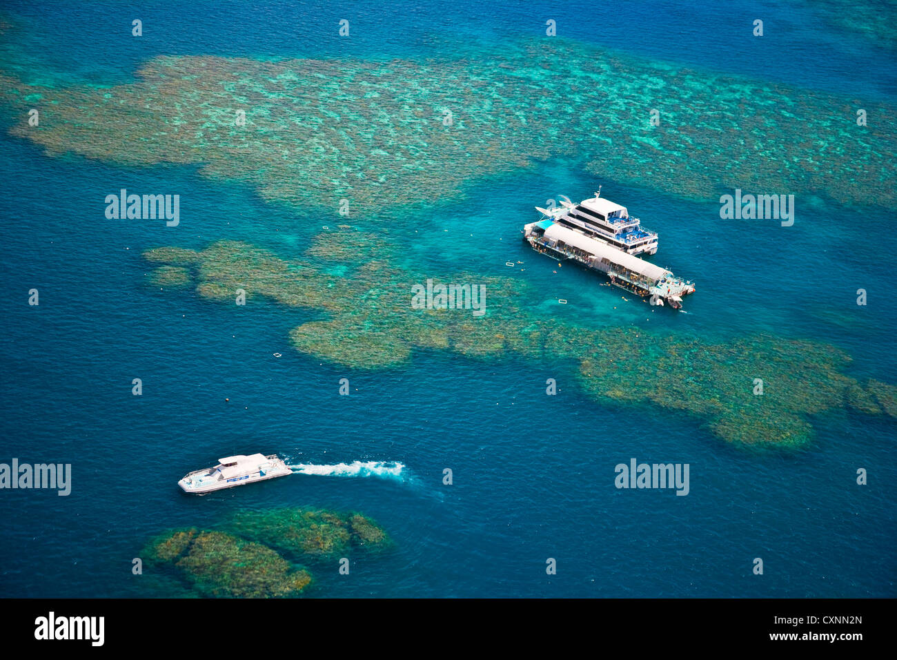 Aerial view of a tour boat docked at a pontoon at the Great Barrier Reef, Queensland, Australia Stock Photo