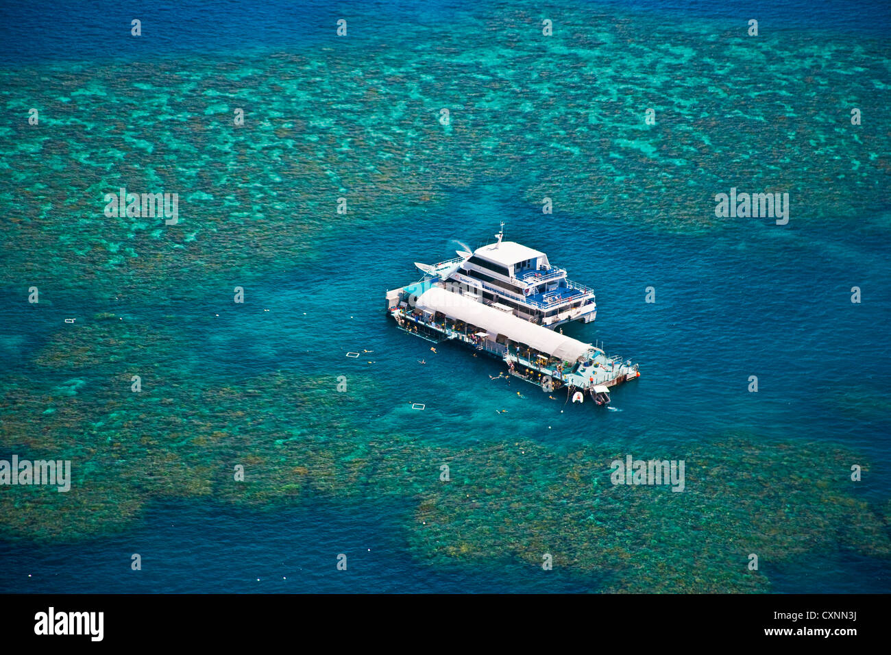 Aerial view of a tour boat docked at a pontoon at the Great Barrier Reef, Queensland, Australia Stock Photo