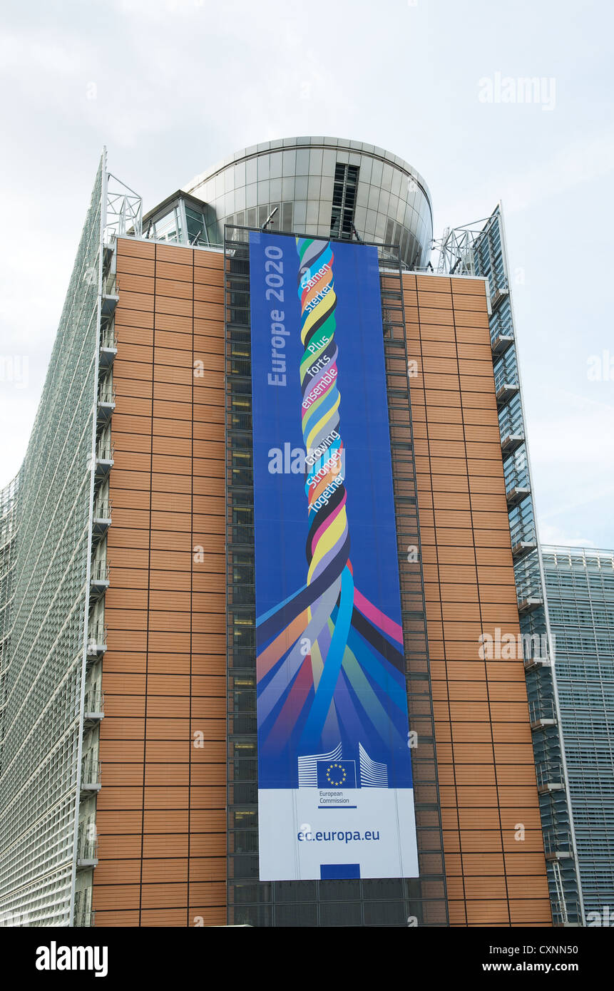 Banner hanging on the Berlaymont building in Brussels, Belgium. This building is the headquarters of the European Commission. Th Stock Photo