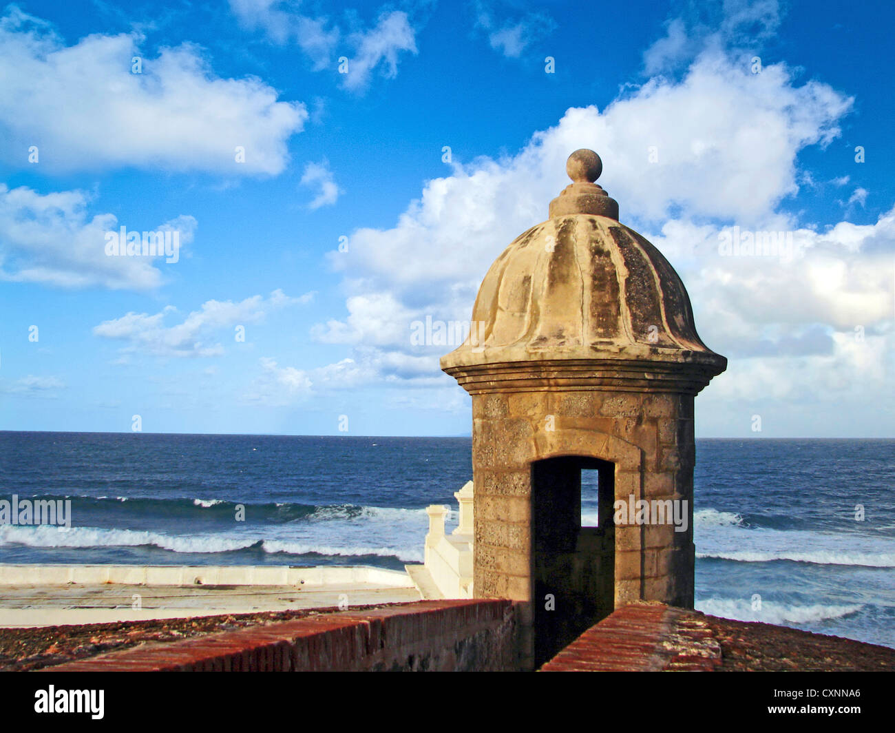 Puerto Rico, San Juan, Fort San Felipe del Morro, Watch tower and ocean. Stock Photo