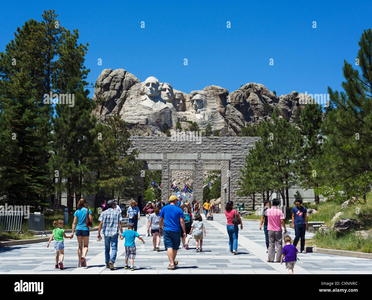 Tourists at Mount Rushmore National Memorial on path leading to Grand