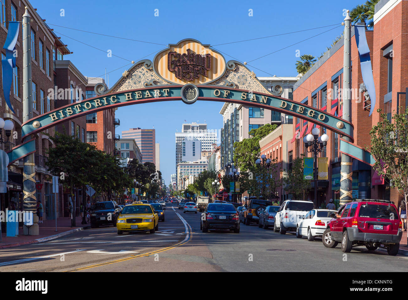 Buildings in the Gaslamp Quarter Historic District, San Diego CA. Stock Photo