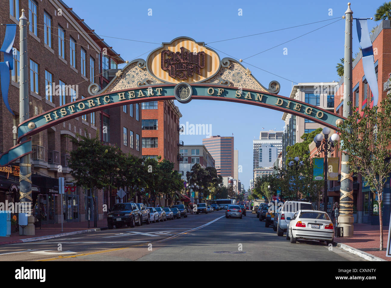 Buildings in the Gaslamp Quarter Historic District, San Diego CA. Stock Photo