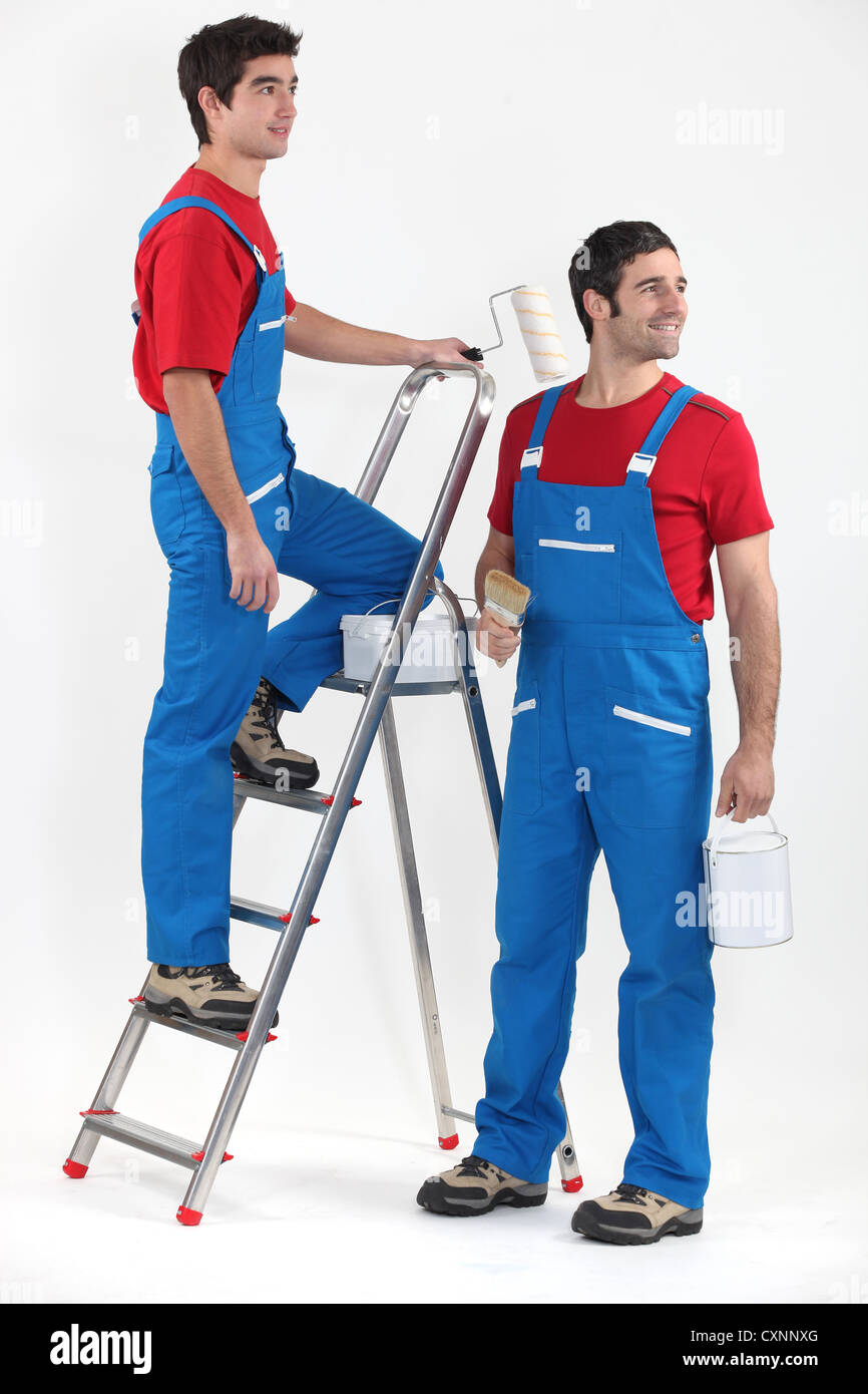 Two painters with stepladder Stock Photo Alamy