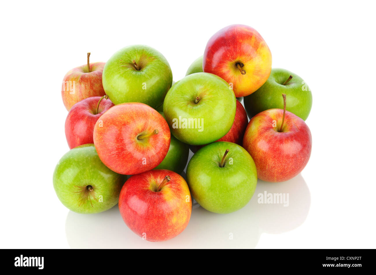 A pile of Gale and Granny Smith Apples on white with reflection. Horizontal format. Stock Photo
