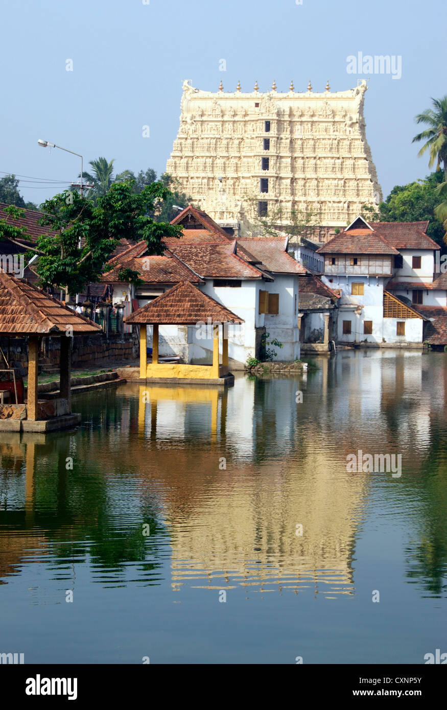 Sree Ananda Padmanabhaswamy temple (Richest Temple in the world) and Water reflection View on Temple pond at Kerala India Stock Photo