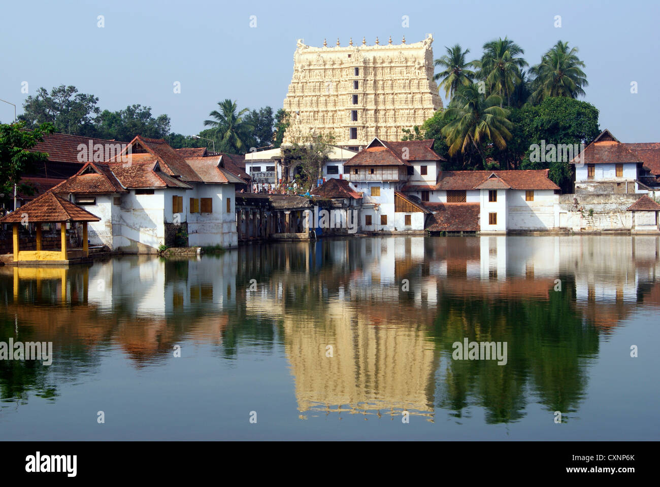 Sri Padmanabhaswamy Temple and Temples Pond on Ancient royal Temple buildings in water reflection scenery View at Kerala,India Stock Photo
