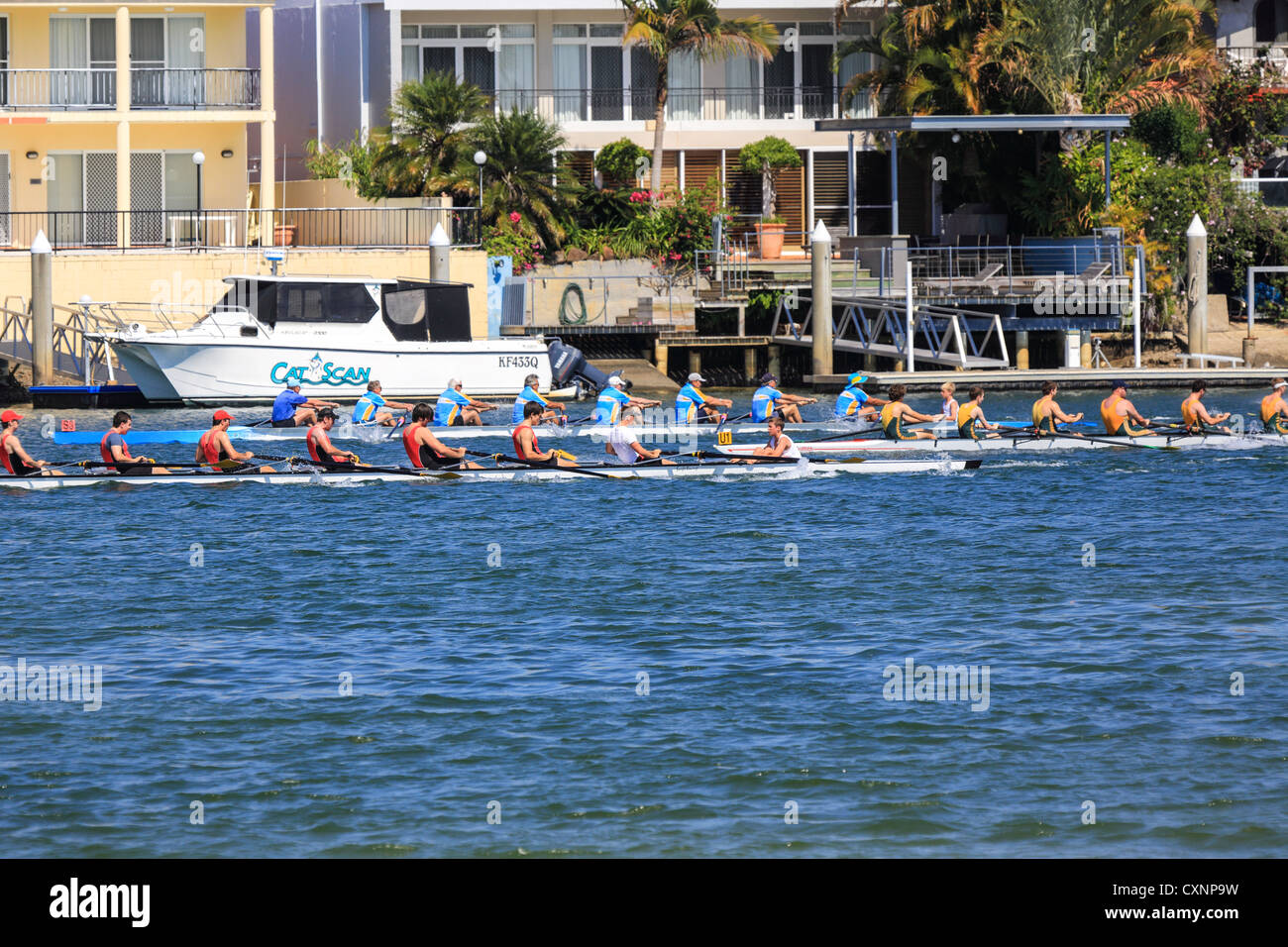 Eight rowers at University river regatta rowing for trophies Surfers