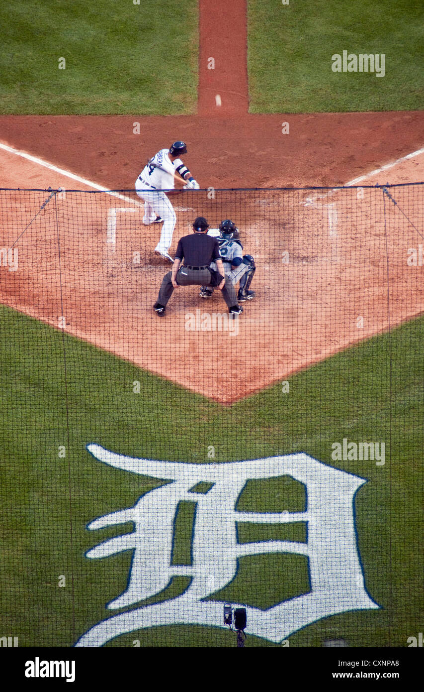 Detroit Tigers all-star Miguel Cabrera hitting against Seattle Mariners in Comerica Park in Detroit Stock Photo