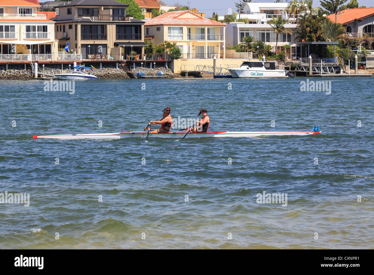 Senior double rowers at University river regatta rowing for trophies