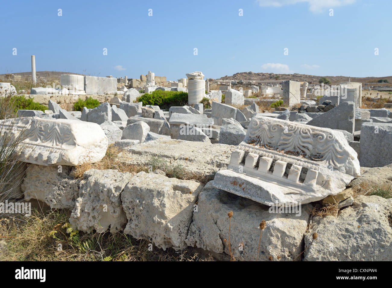 View of Archaeological site of Delos, Delos, Cyclades, South Aegean Region, Greece Stock Photo
