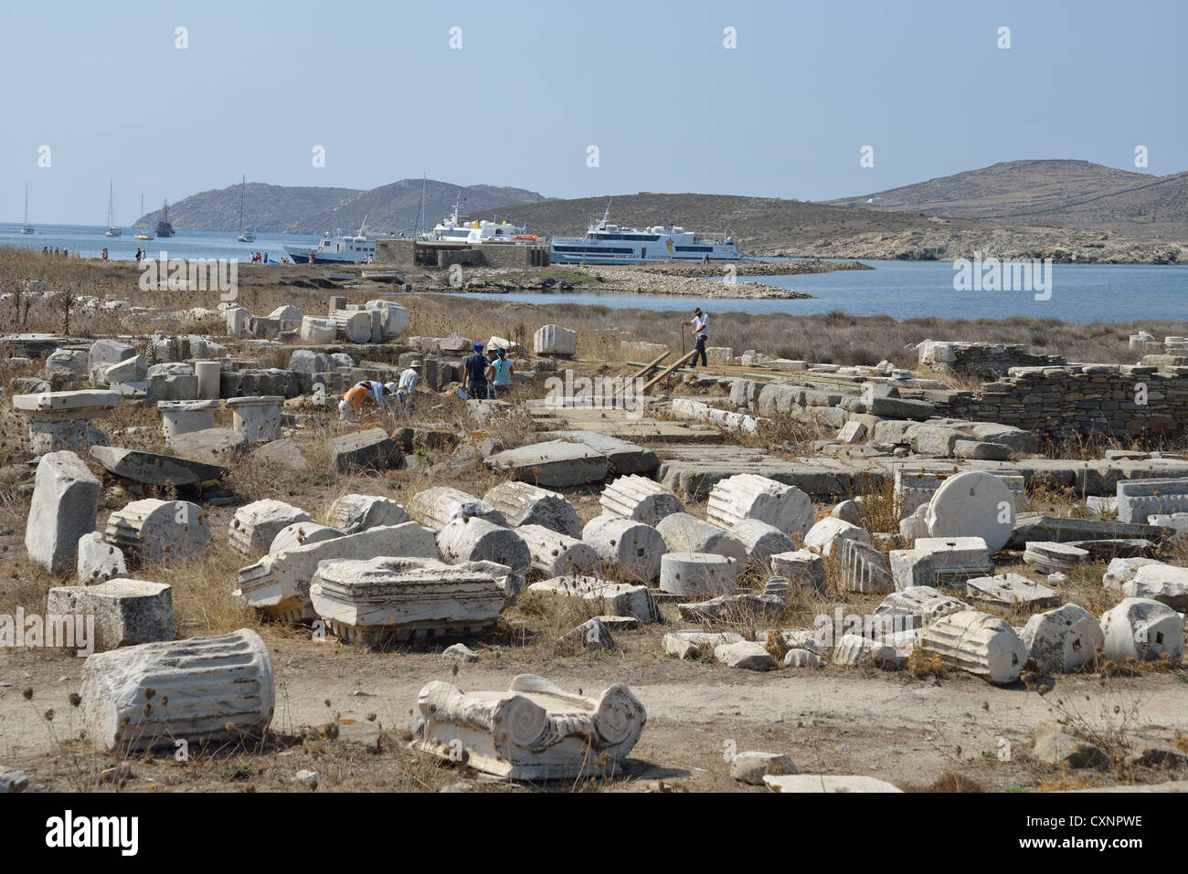 View of Archaeological site of Delos, Delos, Cyclades, South Aegean Region, Greece Stock Photo