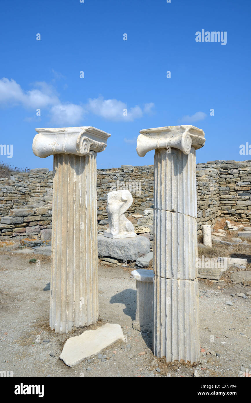 Classical columns, Archaeological site of Delos, Delos, Cyclades, South Aegean Region, Greece Stock Photo