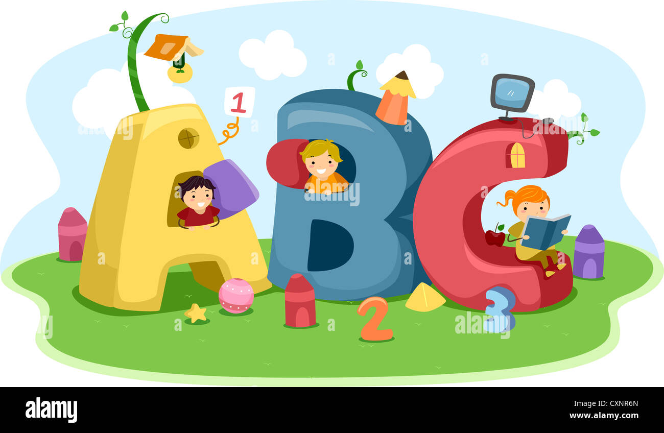 Illustration of Kids Playing with LetterShaped Playhouses Stock Photo