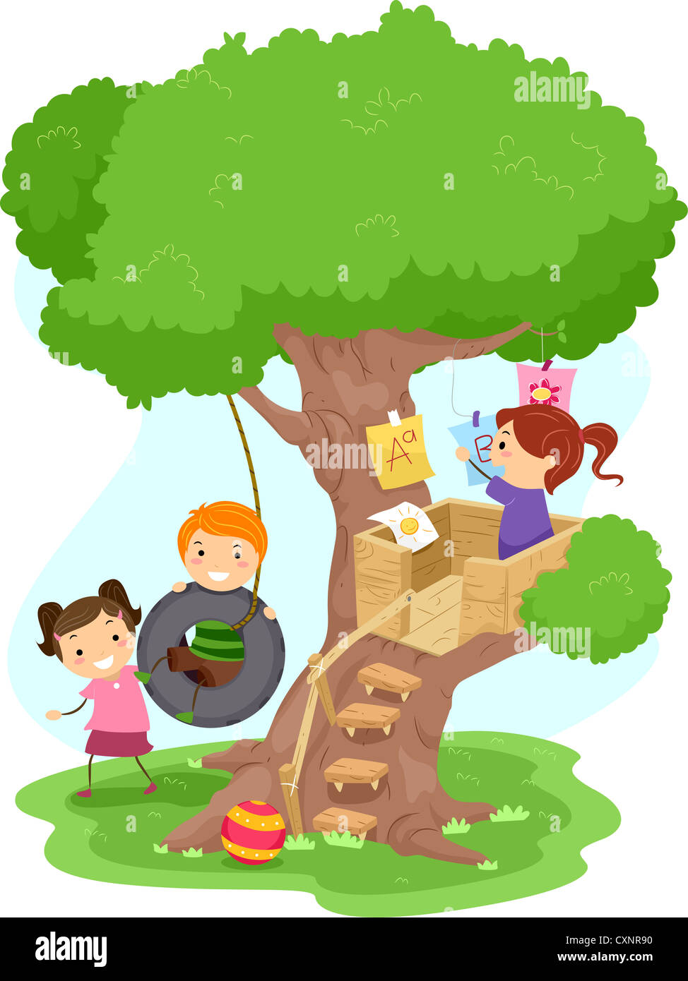 Illustration of Kids Playing in a Treehouse Stock Photo - Alamy