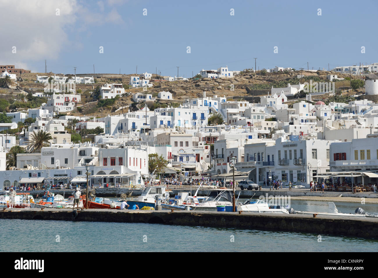 Waterfront view, Chora, Mykonos, Cyclades, South Aegean Region, Greece Stock Photo