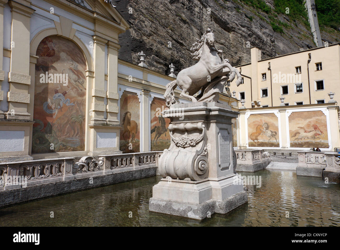 The Horse Wash ? Pferdeschwemme,beautifully painted horse fresco's in the old city Salzburg,Austria,also a lovely horse statue Stock Photo